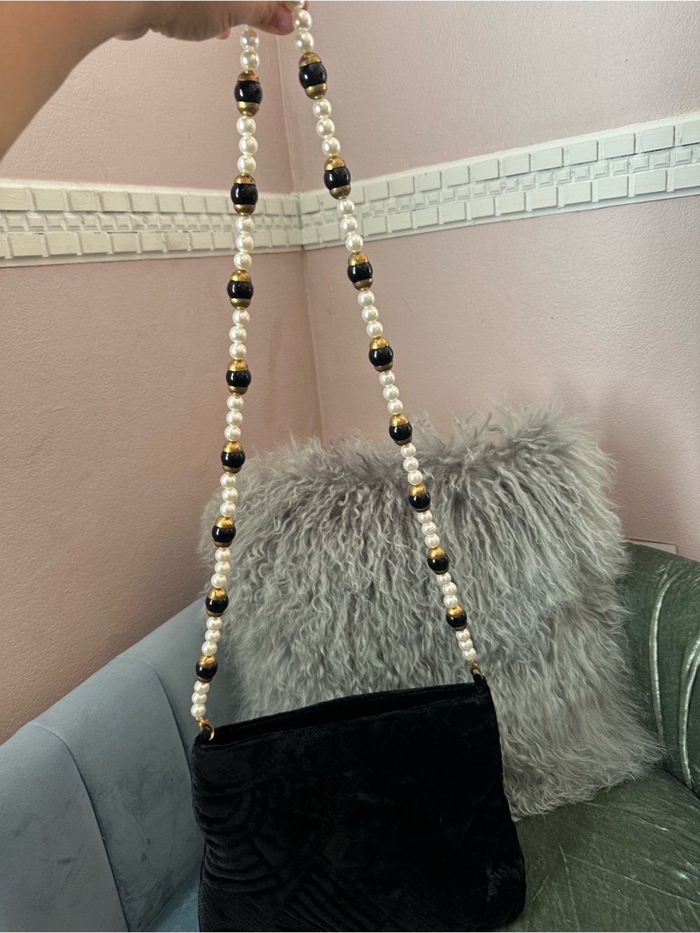 Gianni Versace Couture Vintage Black Velvet Beaded Pearl Shoulder Bag Italy